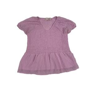 No Comment Girls NY LA Pink Smocked Peplum Top Short Sleeve Sheer Lined
